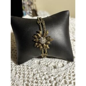 Fossil Flower Brass Tone Double Chain Bracelet W Fossil Button Clasp Fairy Core